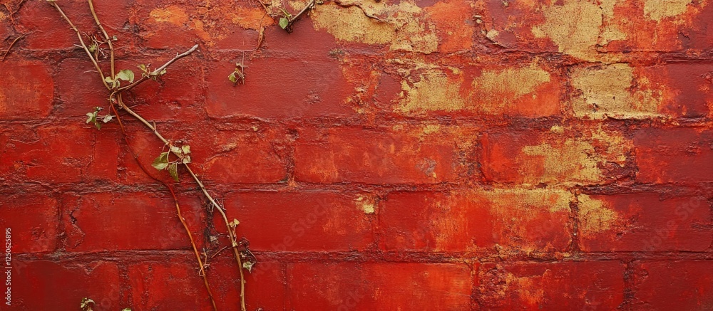 Poster textured red brick wall with peeling paint and vine overgrowth ideal for background use in design an