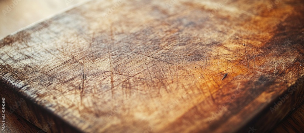 Poster close-up of an aged and worn beech cutting board showcasing rustic texture and detail in a warm, gru