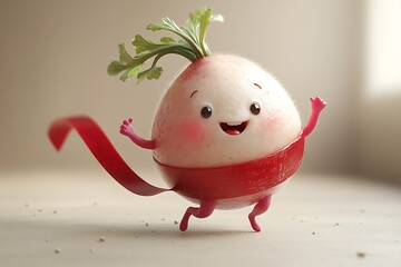 Adorable radish character with arms and legs, smiling and posing cheerfully on a plain background.