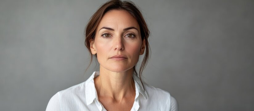 Middle aged woman with brown hair in a white shirt posing confidently against a neutral grey background for text placement