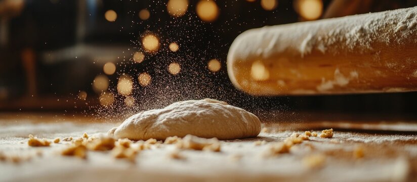 Close-up of fresh yeast dough being rolled out with a pin on a floured surface, capturing the art of bread making in a warm atmosphere.