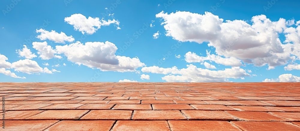Poster red brick floor extending toward a blue sky with fluffy clouds creating a serene and open atmosphere