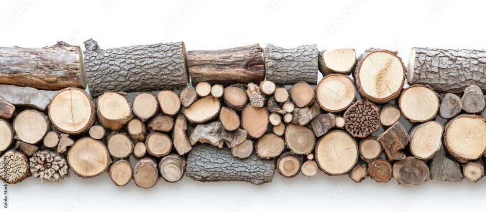 Poster stacked assortment of firewood logs in various sizes and textures isolated on a white background for