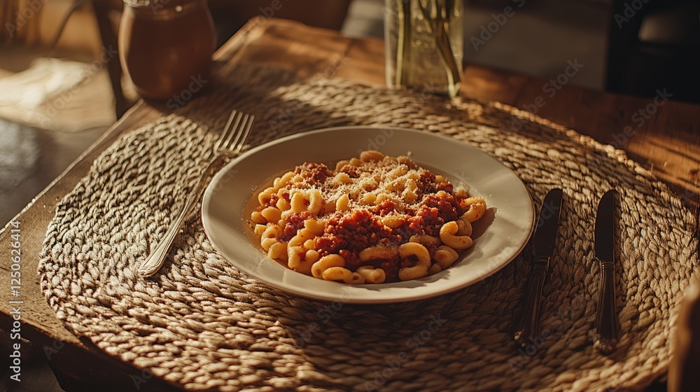 Poster macaroni bolognese served on rustic table setting with woven placemat and soft lighting showcasing d