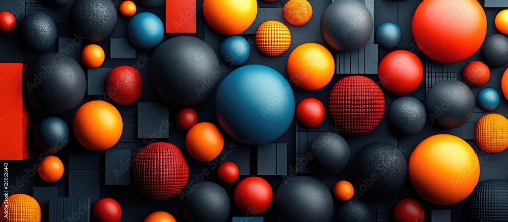 Poster abstract composition of colorful geometric shapes and spheres arranged in a dynamic pattern on a tex