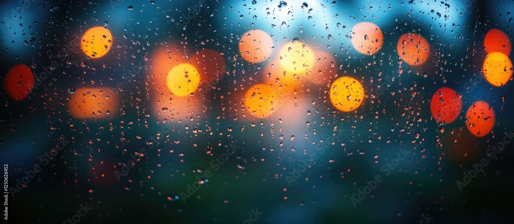 Poster raindrops on a blurred bokeh background creating a colorful and atmospheric rainy day scene