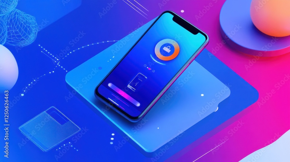 Poster futuristic smartphone security interface design with lock icon display