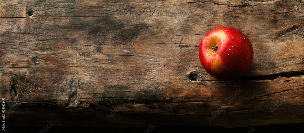 Poster fresh red apple resting on a rustic wooden table showcasing natural textures and vivid colors in a c