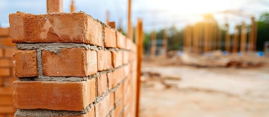 Red bricks stacked for construction with a blurred background of a building site under a sunset sky showcasing progress in development