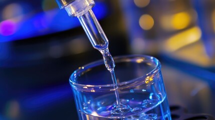 Precision Pipetting: Close-Up of Droplet Release from Pipette Into Clear Glass for Scientific Experiment or Laboratory Use