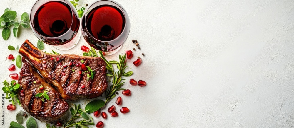 Poster picanha beef steak accompanied by red wine herbs and pomegranate top view on textured background wit