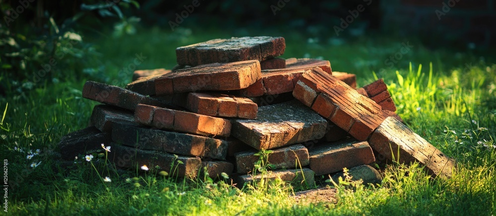 Poster heap of weathered bricks resting on green grass in a serene outdoor setting with soft sunlight filte