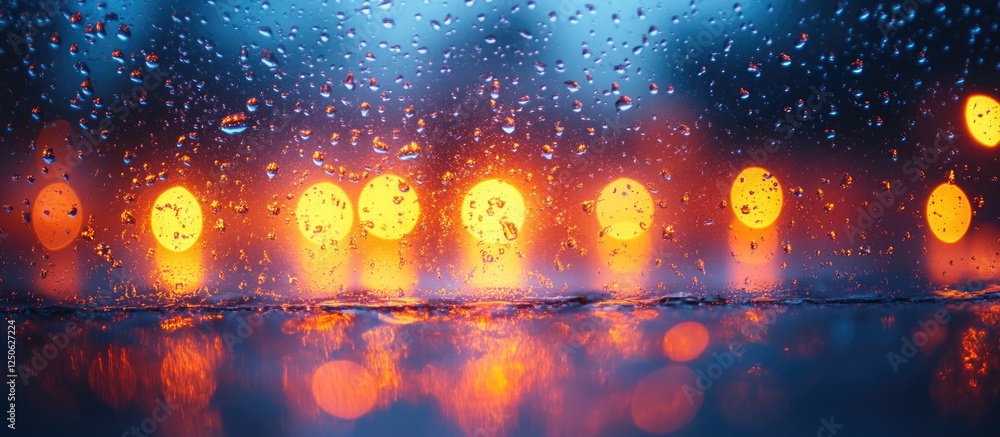 Poster raindrops on windshield with blurry background and space for text featuring warm glowing lights and 