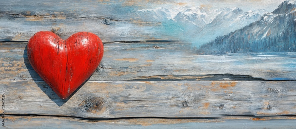 Aufkleber vibrant red heart resting on rustic wooden background with serene mountain landscape creating a warm