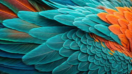 Fototapeta premium Abstract high resolution 4K wallpaper with vibrant turquoise and orange colors, parrot, feathers, dynamic shapes, textures, for a colorful and modern background.