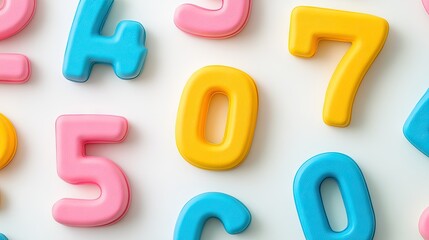Fototapeta premium Colorful number toys scattered on white background; education concept
