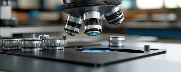 Microscope lab research, close-up view. Blue sample, scientific discovery