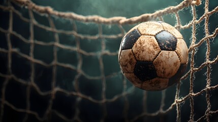 Naklejka premium Football Soccer Ball Hanging Inside the Net of Goal Post on Grassy Field in Outdoor Stadium Sporting Event Competition