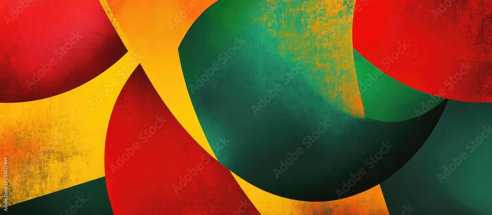 Poster vibrant abstract composition featuring red, green, and yellow shapes creating a dynamic visual rhyth