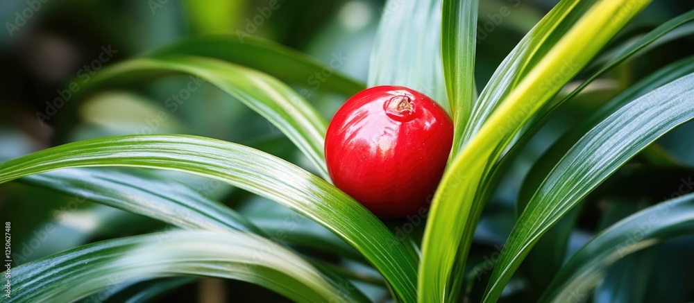 Poster red berry surrounded by vibrant green leaves in a nature setting with a shallow depth of field creat