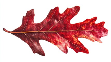 Fototapeta premium Vibrant red oak leaf isolated on white background showcasing intricate details and textures for autumn-themed designs and nature collections.