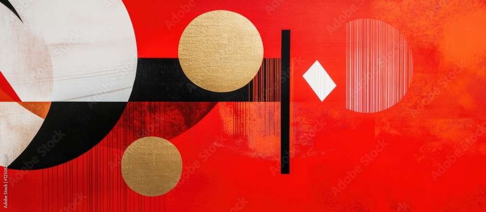 Poster abstract composition with bold geometric shapes and vibrant red background creating a striking visua