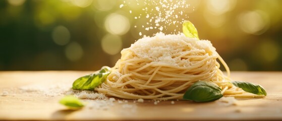 Pasta dish with grated cheese and fresh basil on wooden surface, natural light highlighting delicious food, ideal for cooking blogs and Italian cuisine recipes.
