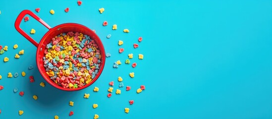 Colorful cereal spilling from a red colander on a vibrant blue background showcasing playful breakfast elements.