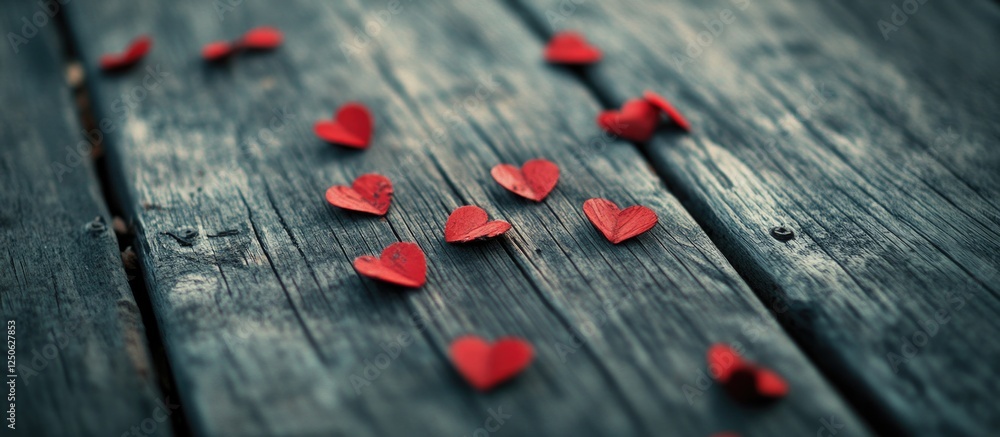 Poster red hearts scattered on a rustic wooden background creating a romantic and nostalgic atmosphere for 