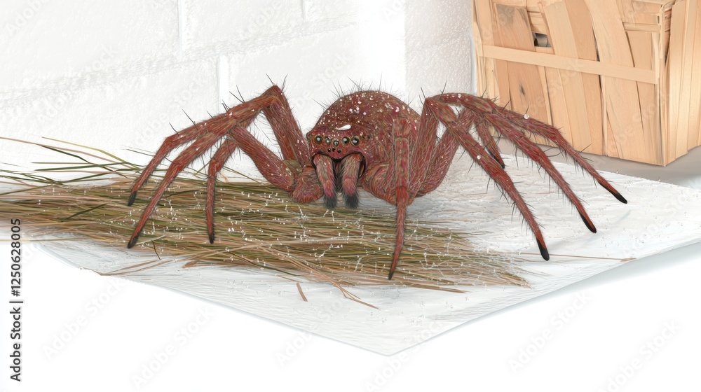 Poster a realistic depiction of a large spider on a surface with straw.