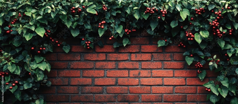 Aufkleber lush greenery with red berries framing rustic red brick wall providing space for text and graphic de