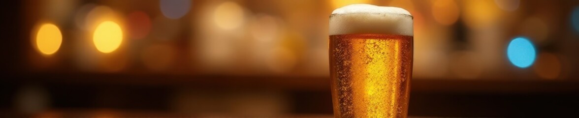 Golden beer, glistening in glass, bar lights bokeh , golden hour, drink, bar