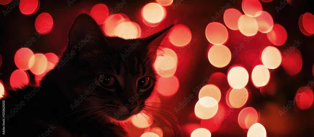 Poster silhouette of a cat against vibrant red bokeh lights on a dark background creating a warm and cozy a