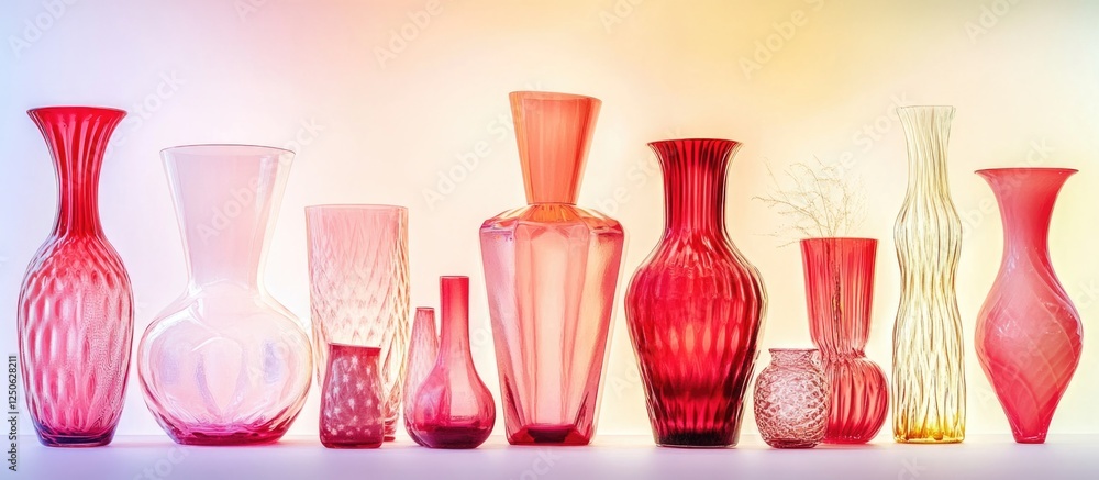 Poster colorful collection of red glass vases arranged aesthetically with soft gradient background showcasi
