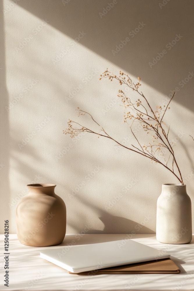 Poster minimalist workspace aesthetic scandinavian-inspired vases with neutral textures - creative office d