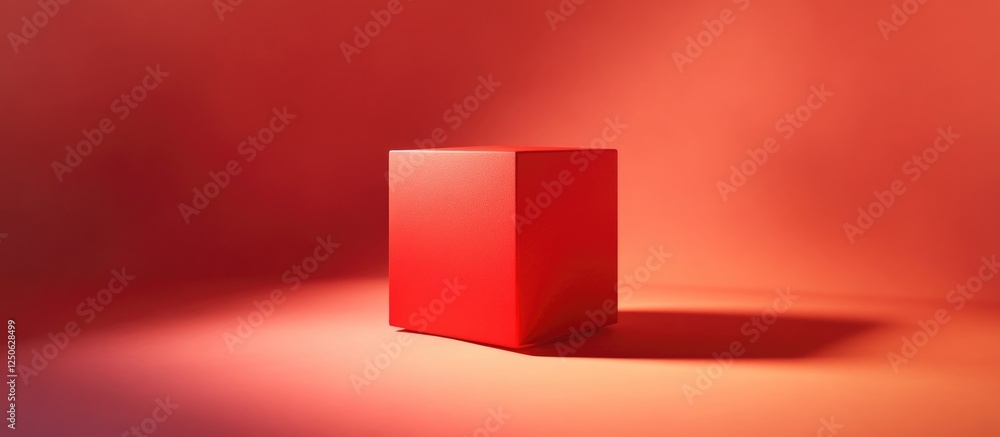 Poster vibrant red cube on abstract gradient background with soft shadows and warm tones