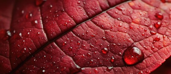 Fototapeta premium Close-up of a vibrant red leaf with water droplets highlighting its intricate texture and rich colors in a natural setting.