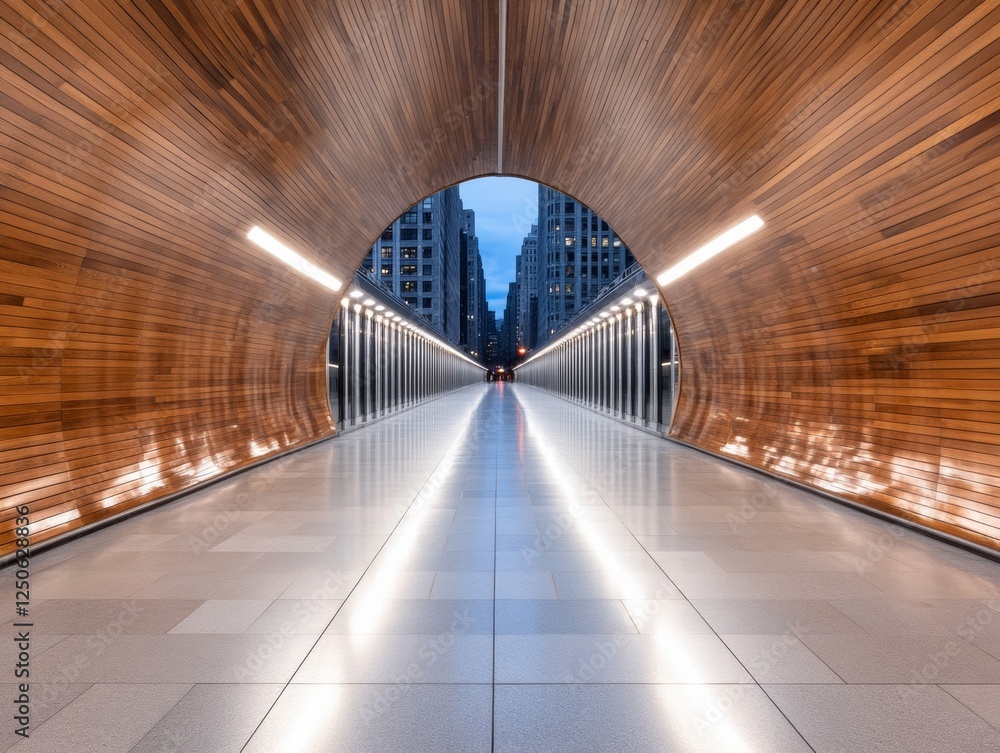 Poster Futuristic Subway Tunnel Design Polished Wood and Illuminated Tiles for Urban Mobility - Dynamic Transit Visualization and Contemporary Architecture Showcasing Speed and Innovation
