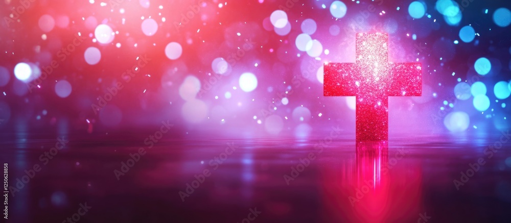 Poster radiant red cross glowing amidst colorful bokeh lights with a vibrant background and space for inspi