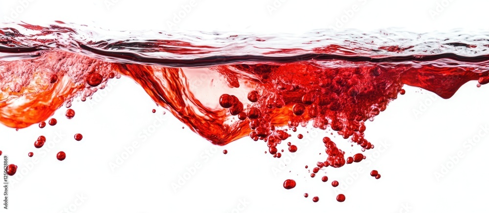 Poster red dye splashing in clear water creating abstract patterns and textures on a bright white backgroun