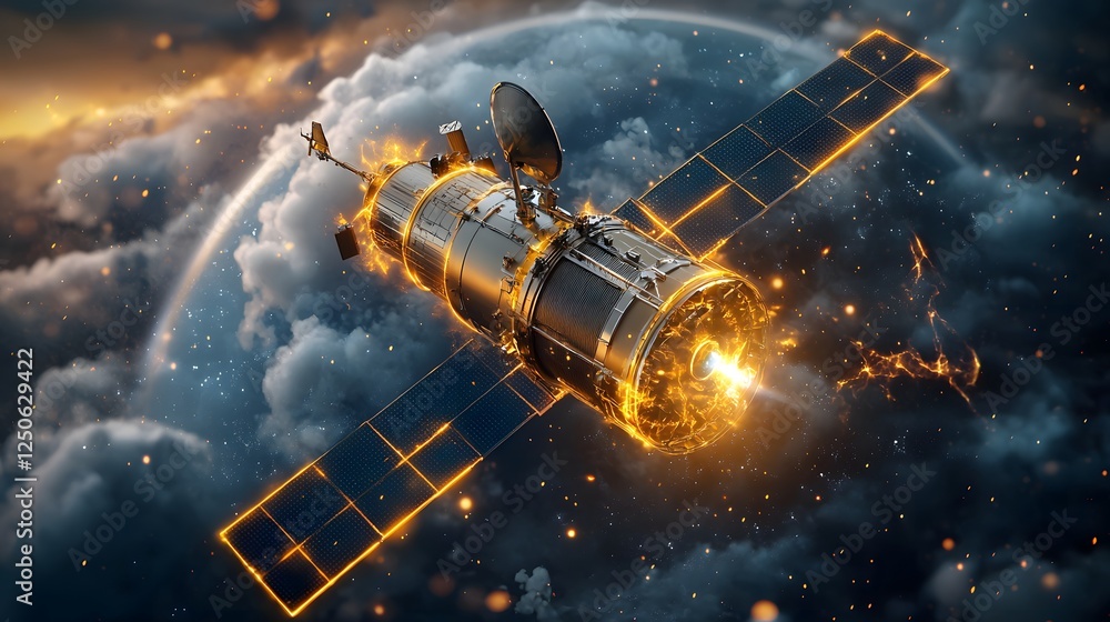 Aufkleber a fiery satellite tumbling through a turbulent cosmic cloud surrounded by stars and galaxies in the 