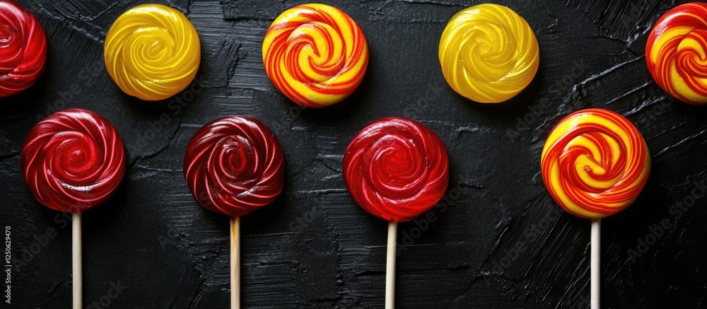 Poster red and yellow spiral lollipops arranged on a textured black background creating a vibrant candy dis