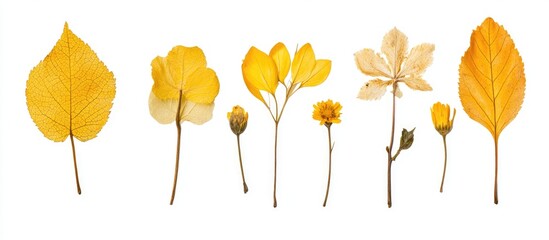 Obraz premium Pressed and dried yellow ficaria verna flowers and leaves arranged on white background for scrapbooking floristry or herbarium projects