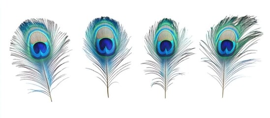 Obraz premium Peacock blue feather collection showcasing different angles against a clean white background for artistic and decorative uses