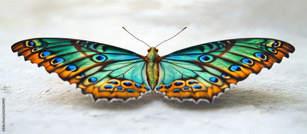 Poster vibrant butterfly displaying intricate patterns and colors on a light background showcasing nature's