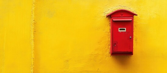 Vibrant red postbox against a bright yellow wall creating a striking visual contrast in urban architecture and design.