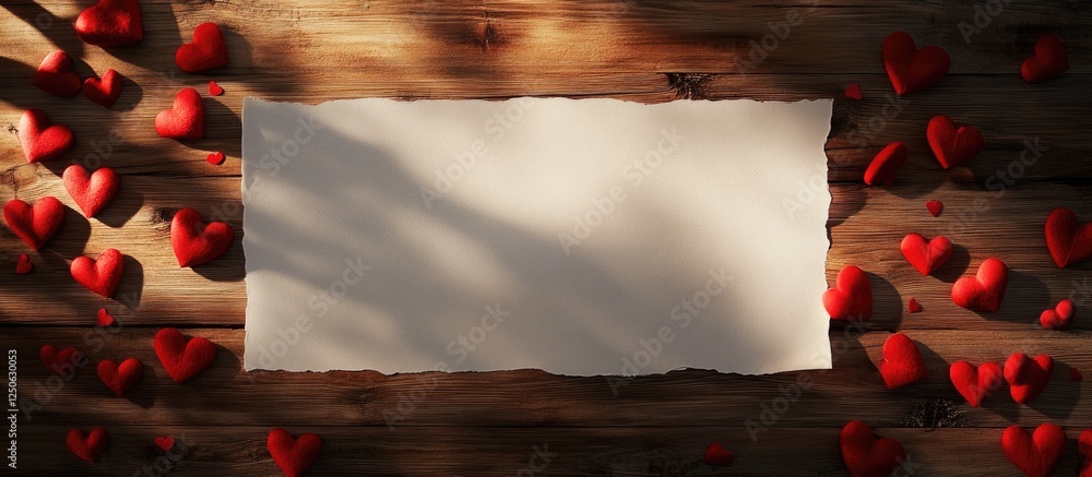 Poster red hearts scattered around a blank sheet of paper on a rustic brown wooden table creating a romanti