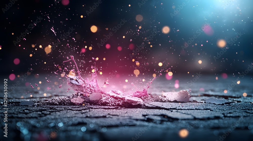 Poster captivating splash of ethereal water droplets in vibrant iridescent colors creating a mesmerizing dy