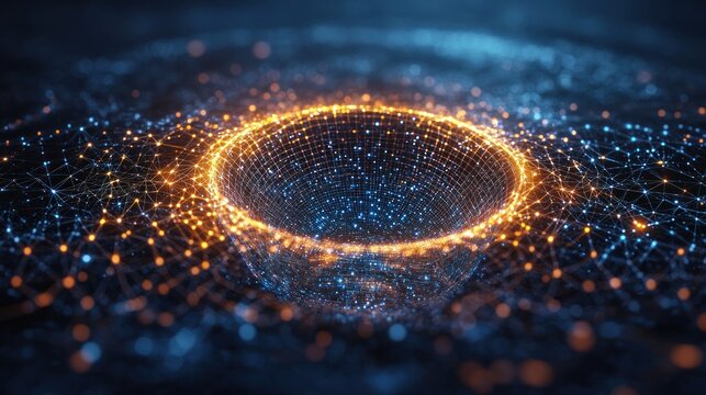 Glowing digital ring vortex in cyberspace with network background