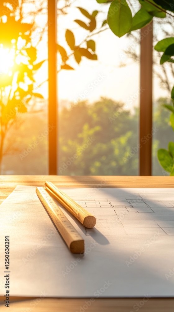 Poster Sunlit Minimalist Architectural Blueprint with Wooden Tools Sustainable Workspace Design for Green Construction and Eco-friendly Urban Planning